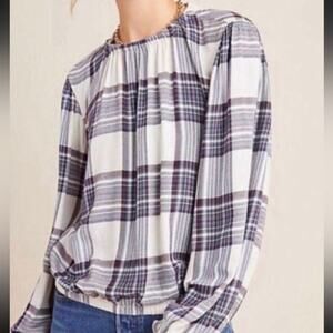 Anthropologie Cloth & Stone Plaid Rayon High Neck Blouse